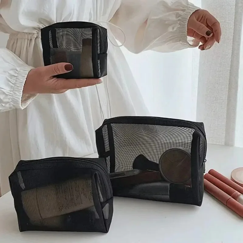 2PC Black Mesh Cosmetic Bag, Washable Foldable Zipper Storage Pouch with Large Capacity, Portable Travel Toiletry Organizer