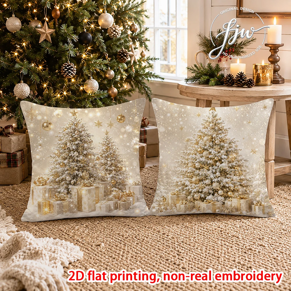 2pcs Christmas Gold Snow Tree Throw Pillow Covers Winter Holiday Decor Cushion Cases