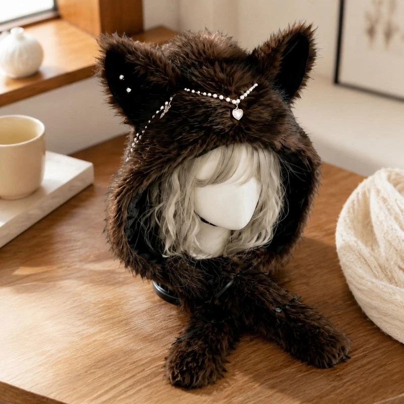 Lined Plush Winter Earflap Hat with 3D Cats Ear, Brimless and Decorative Chain and Charm Features for Winter Y08E