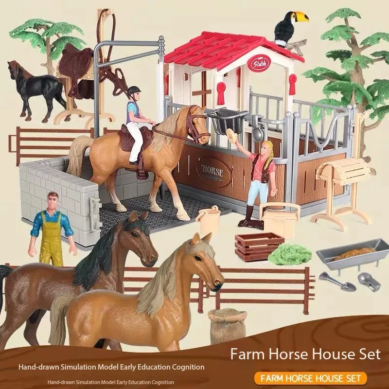 لعبة أطفال محاكاة نماذج حيوانات مجموعة لعب مزرعة الفارس والحصان، لعبة مشهد لعبة مسرحية للأولاد والبنات ألعاب المزرعة