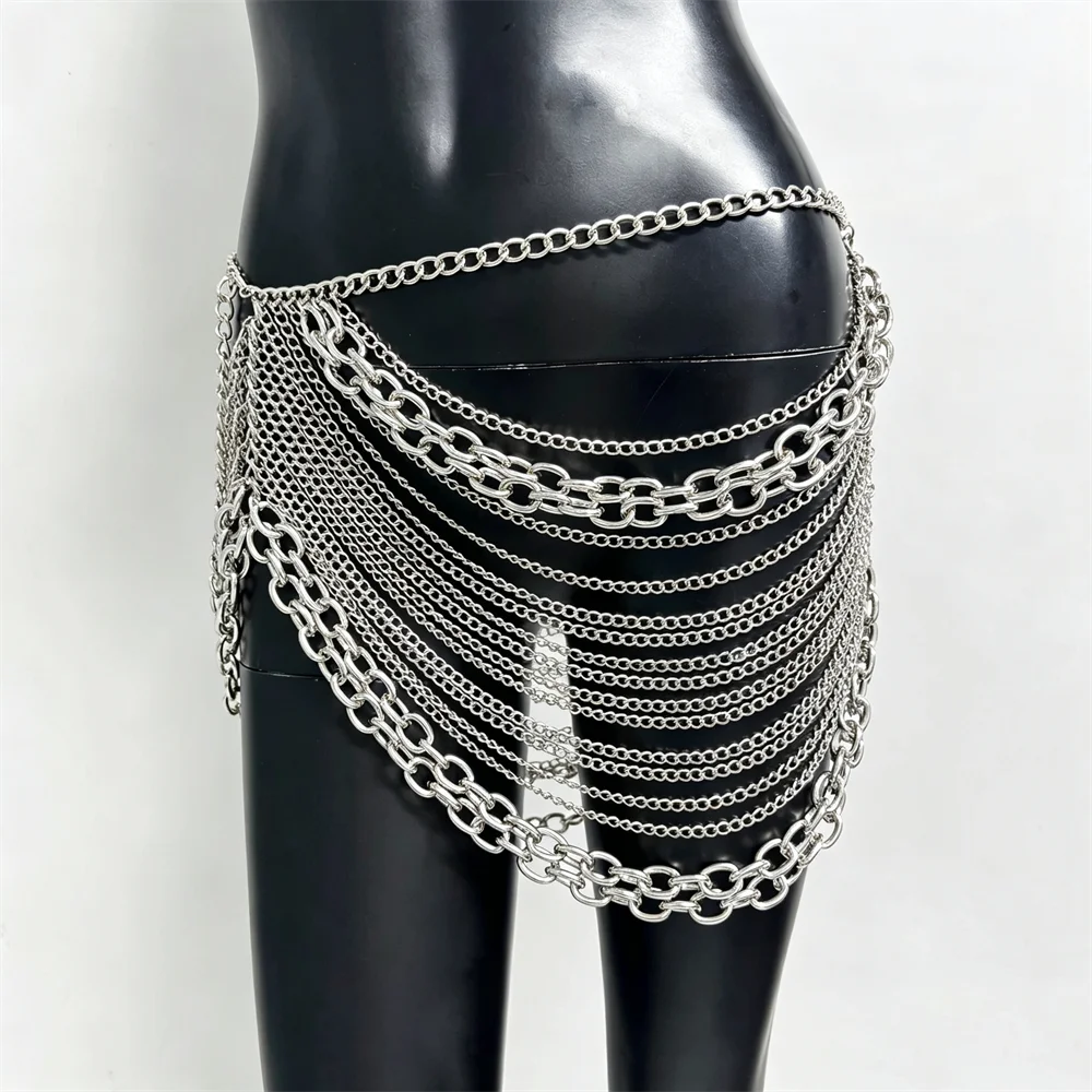 Sexy Hollow See Through Women Mini Skirt Metal Chain Tassel Side Split Asymmetric Skirt Rave Beach Party Club Skirt Body Chain