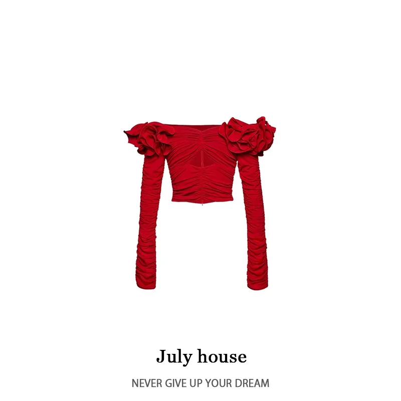 

Rose Flower Pleated One oulder Long Sve T-irt Magda Butrym Design Sensation Hollow out oulder Bared T-irt for Women