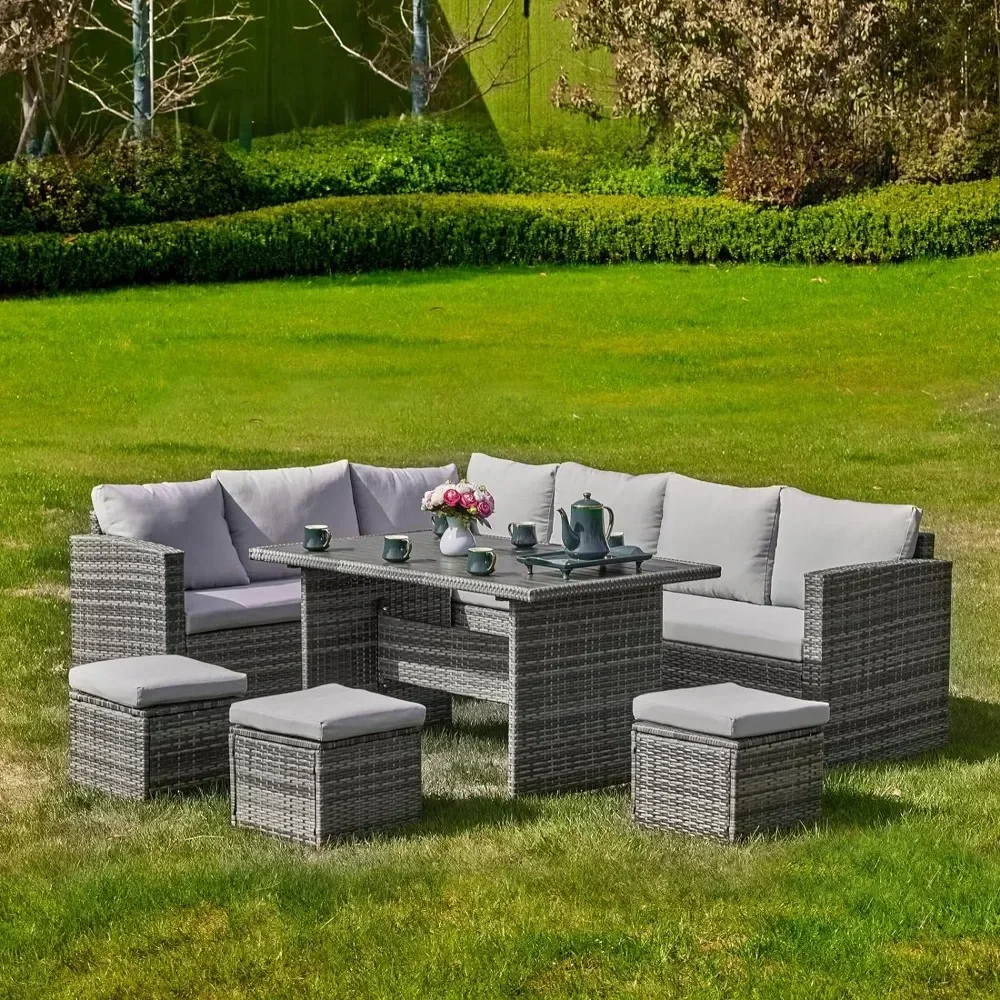 Conjunto de muebles de mimbre para exteriores, mesa y silla de comedor, para todo tipo de clima, sofás de jardín grises, 7 piezas