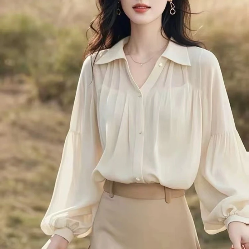 

Винтажные женские блузки, повседневные однотонные рубашки, модная свободная летняя корейская одежда, шифоновые женские топы с длинными рукавами