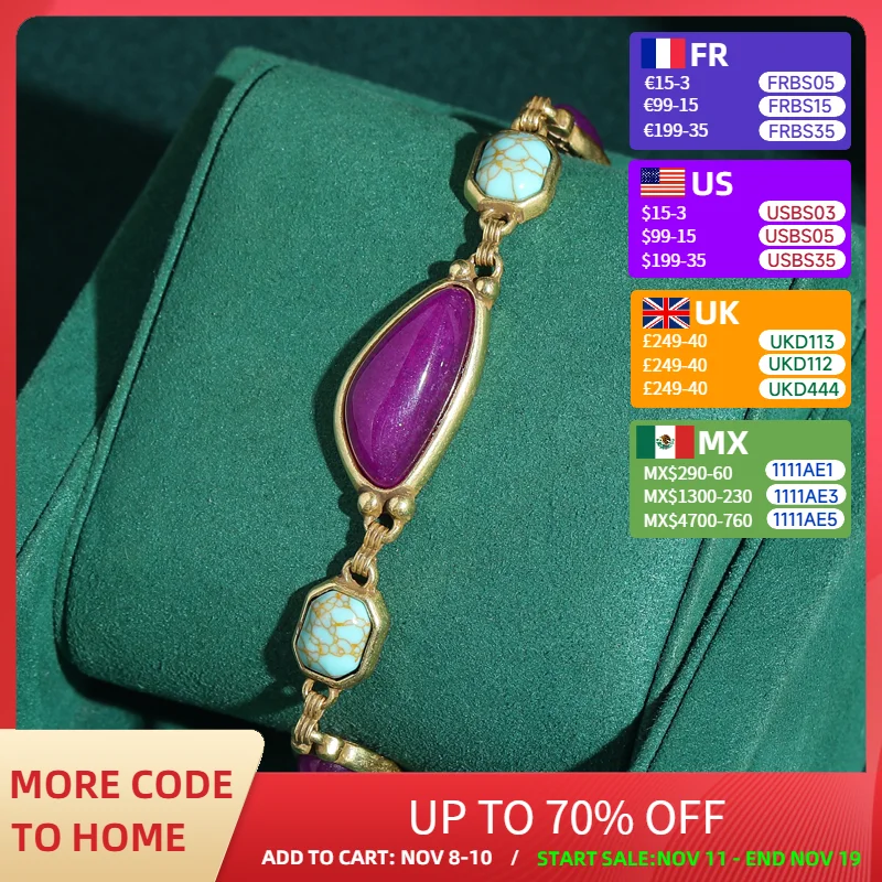 

Vintage Charm Purple Agate Turquoise Bracelet Triangle For Women Natural Antique Gold Color Agate Accessories Gift 2025 New