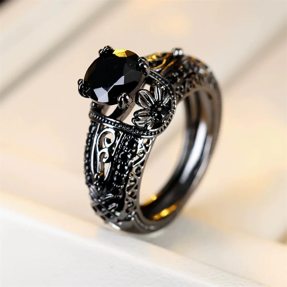 Antique Black Crystal Zircon Round Stone Hollow Flower Rings For Women Vintage Black Metal Engagement Bands Wedding Jewelry Gift