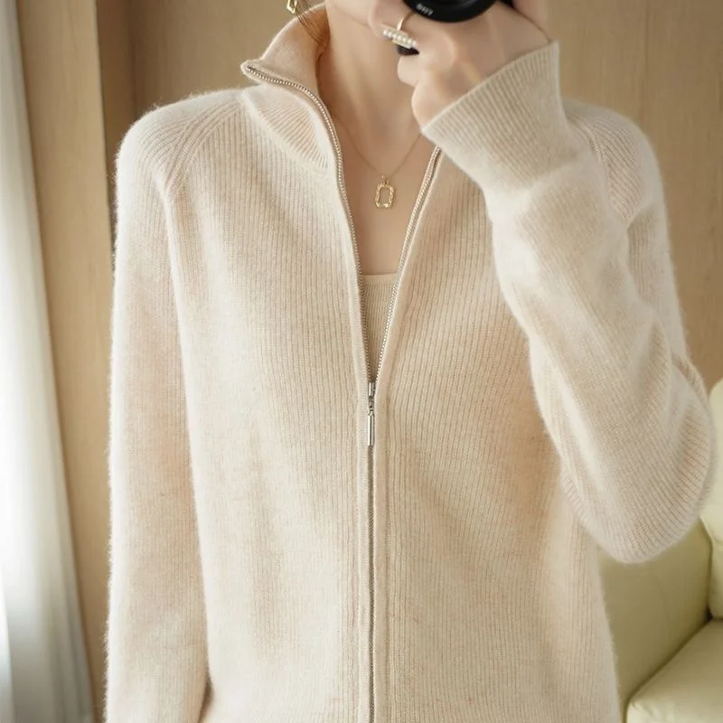 Solid Color Zipper Jacket Autumn New Knitted Sweater Cardigan Women\'s Standing High Neck Loose Slimming Knitted Sweater Spring