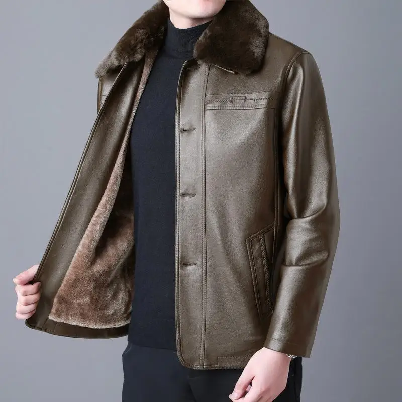 Winter Fur Collar Leather Jacket Men\'s Button Pu Leather Men Large Size Loose Plus Velvet Thick Men\'s Leather Jacket Coats Brand