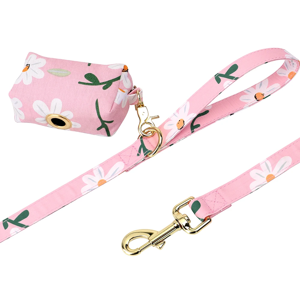 Dog Collar Leash Harness Set with Poop Bag Holder Floral Print Custom Pet Collar Vest 150cm Leashes For Small Medium Large Dog