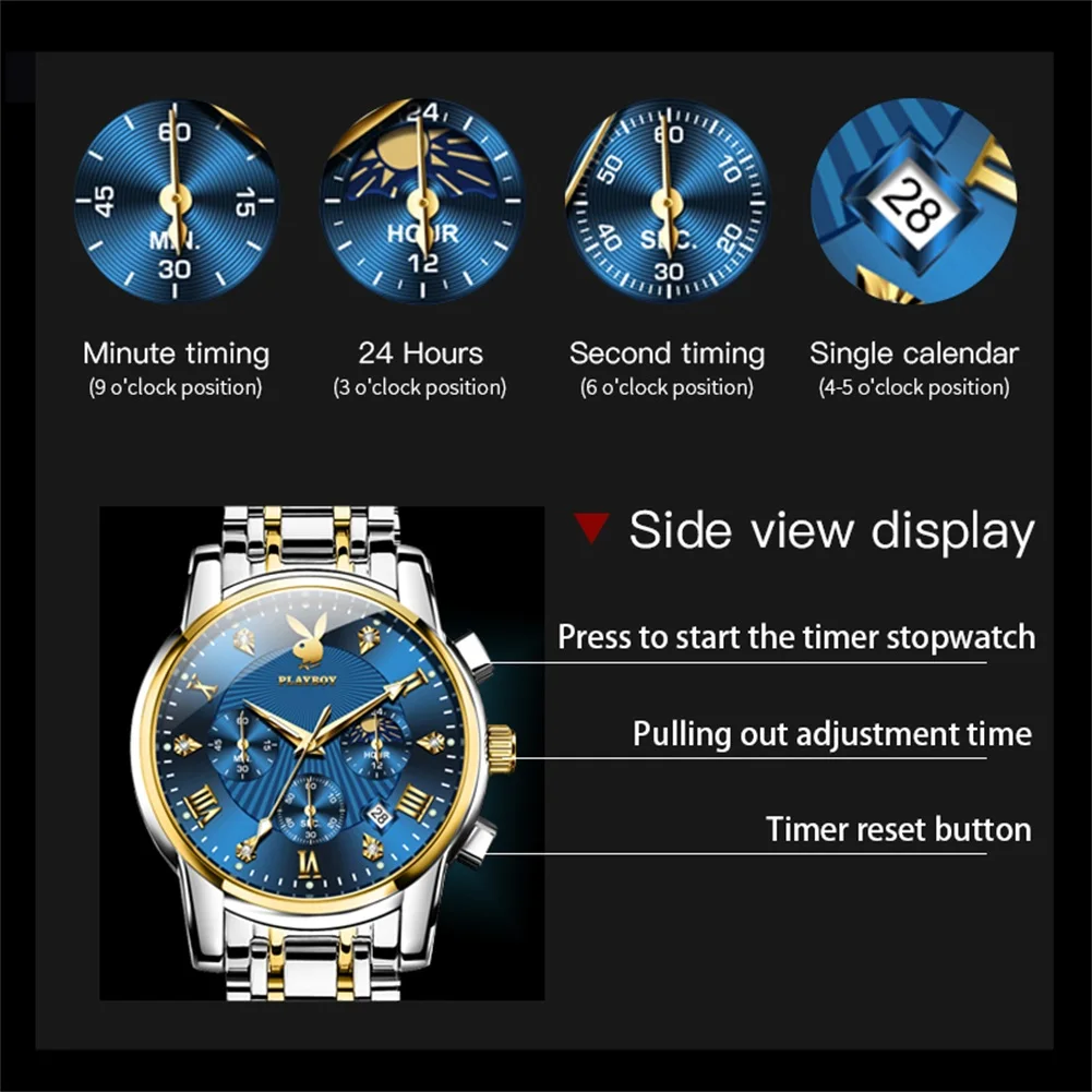 PLAYBOY High Quality Luxury Watch Men Stainless Steel Classic Roman Man Quartz Watches Waterproof Calendar Men\'s Wrist Watches