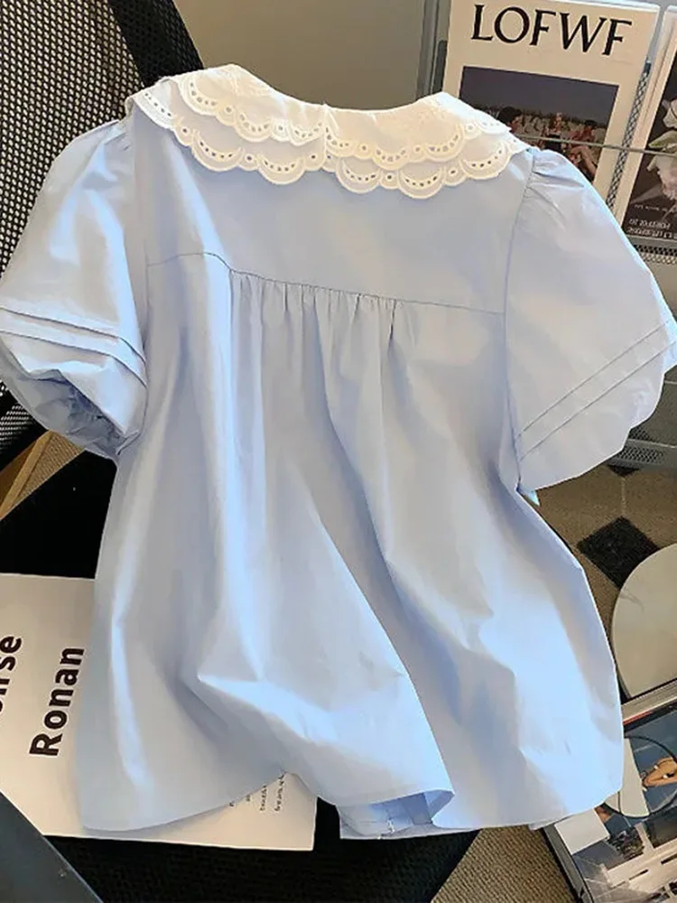 Jmprs carino casual camicia blu donna dolce colletto alla Peter Pan camicetta coreana estate manica gonfia femminile vintage slim tutti abbinati top