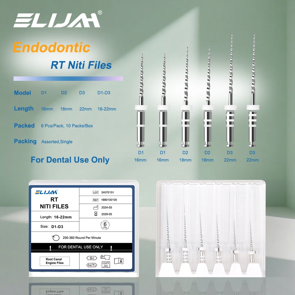 

ELIJAH 6pcs/Box Dental Retreatment Engine Root Canal NiTi File D1-D3 Remove Filling Material Before Canal Re-shaping Dental Tool