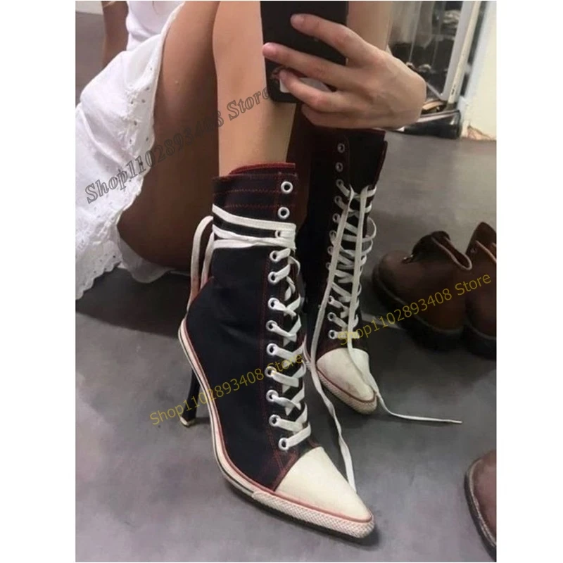 Stivaletti stile sportivo incrociati neri stivaletti in pelle verniciata a punta tacco alto sottile scarpe da donna 2023 Sexy Zapatos Para Mujere