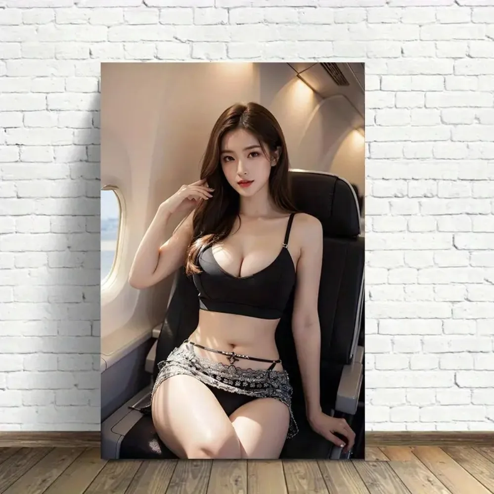HD Tin Sign Glamorous Asian Girl in Airplane Cabin Vintage Metal Wall Art Decor for Home Bar Man Cave