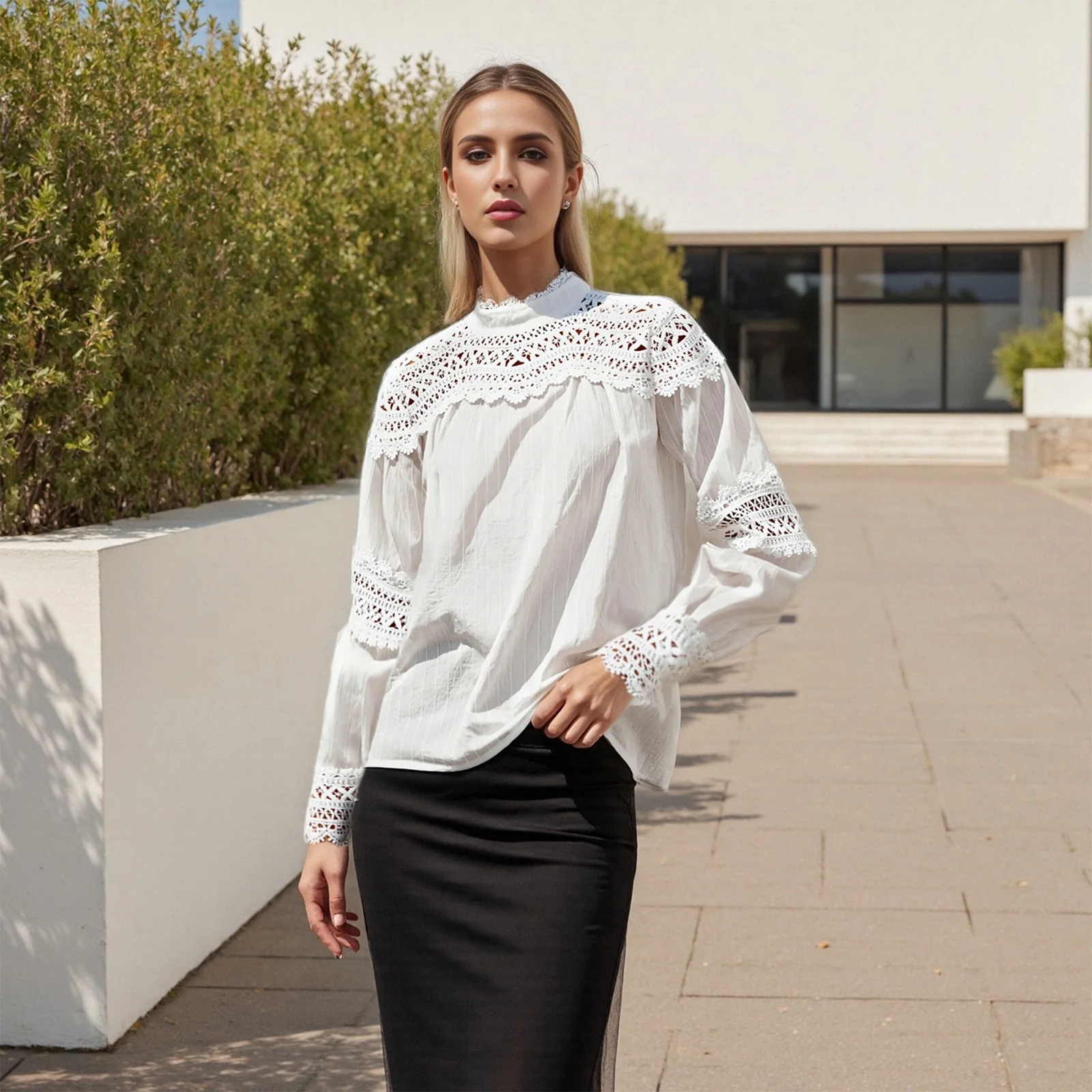 여성용 봄 가을 솔리드 컬러 캐주얼 셔츠 긴 소매 모크넥 크로셰 컷아웃 레이스 트림 블라우스