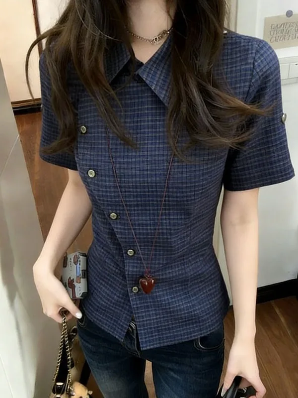 

Early Autumn Blue Plaid Loose ort Sve Women's irt Sweet Cool Overhead Design Versatile Slimming Effect Japanese Sle