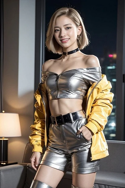 2D Metal Tin Sign Vintage Silver Leather Outfit Yellow Jacket Asian Short Hair Lady Bar Club Wall Decor 12x8 Inch
