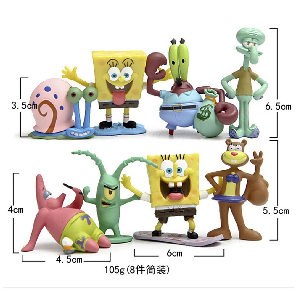 8pcs/set Spongebob Squarepants Kawaii Cartoon Doll Toy Patrick Stars Squidward Tentacles Armor Abs Krabs Plankton GK Model Gift