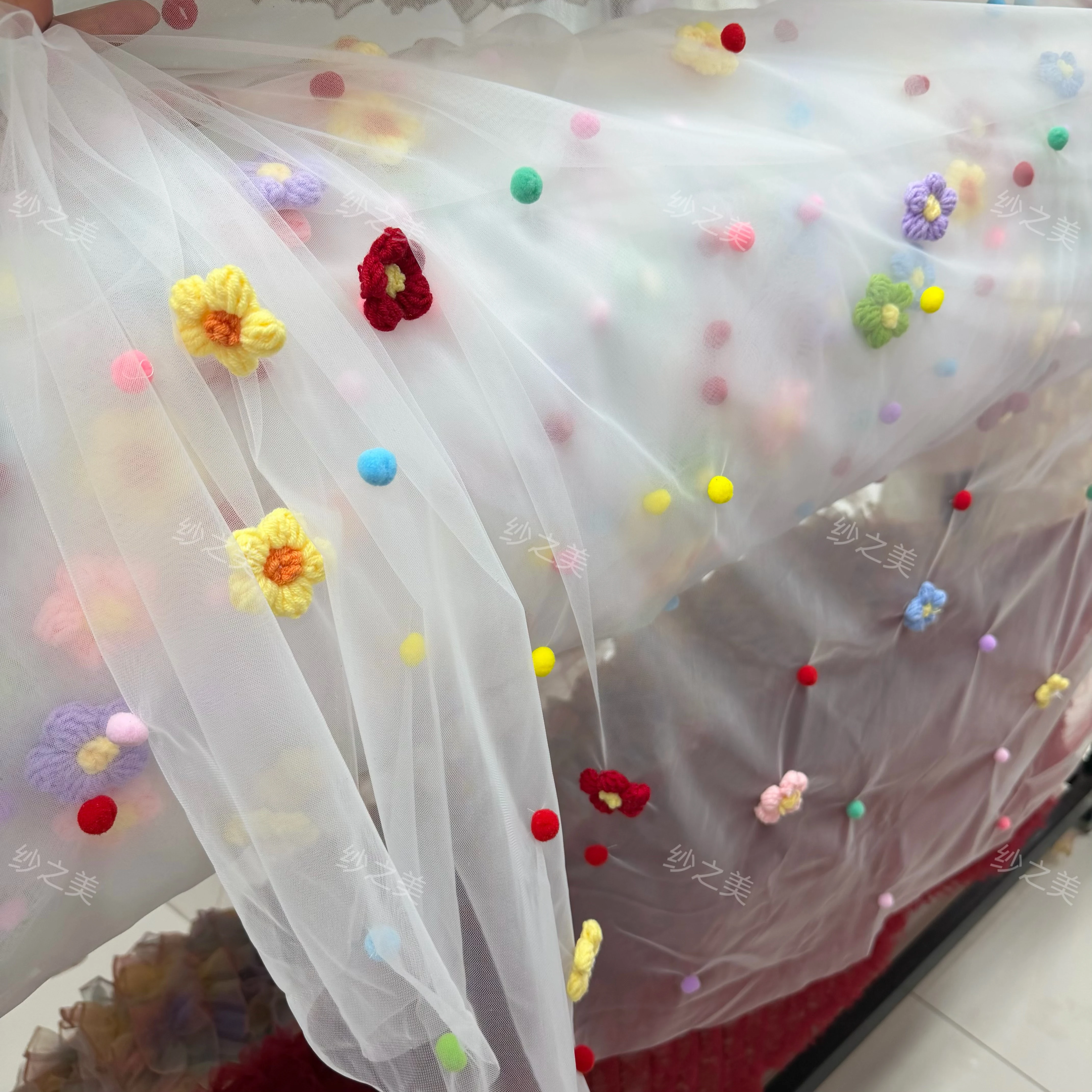 Dopamine Three-Dimensional Flower Transparent Color Ball Mesh Skirt Sheer Yarn Surface Fabric