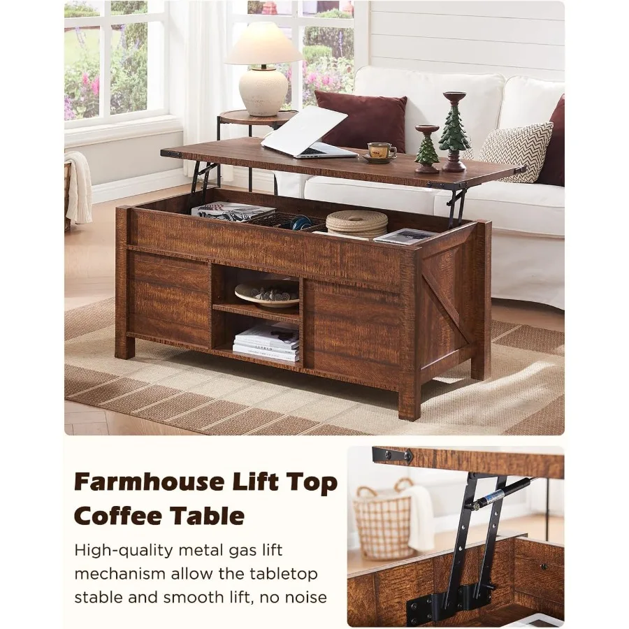 48 Farmhouse Lift Top Coffee Table with Sliding Barn Door, Solid Wood, Natural Finish, Space-Saving Storage Solution