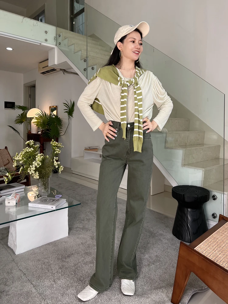 

High Waist Straight Leg Anti-Fade Dual Color Khaki Military Green Casual Jeans Slimming Long Pants for Women Autumn Season