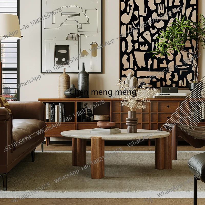 

Retro wabi sabi wind round natural travertine coffee table marble living room home bed and breakfast