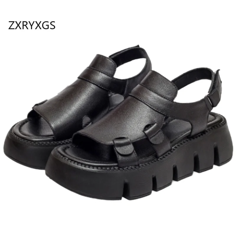 

ZXRYXGS 2026 New Summer Premium Genuine Leather Open Toe Sandals Thick Sole Increase Wedges Sandals Fashion Casual Sandals Tide