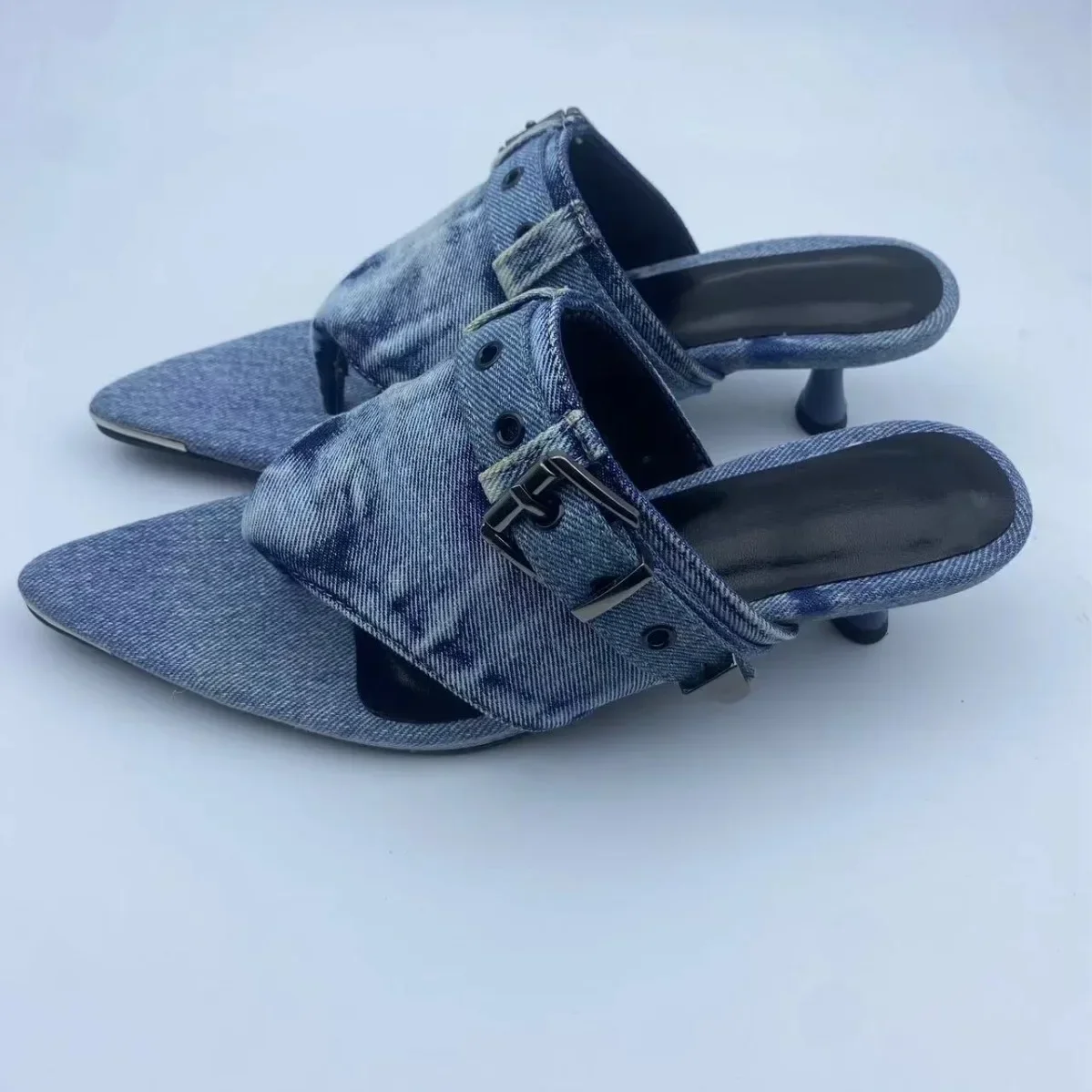 Summer New Denim Fashion Outerwear European And American Cold Slippers Low Heel Pinch Toe Pointed Belt Buckle Slippers