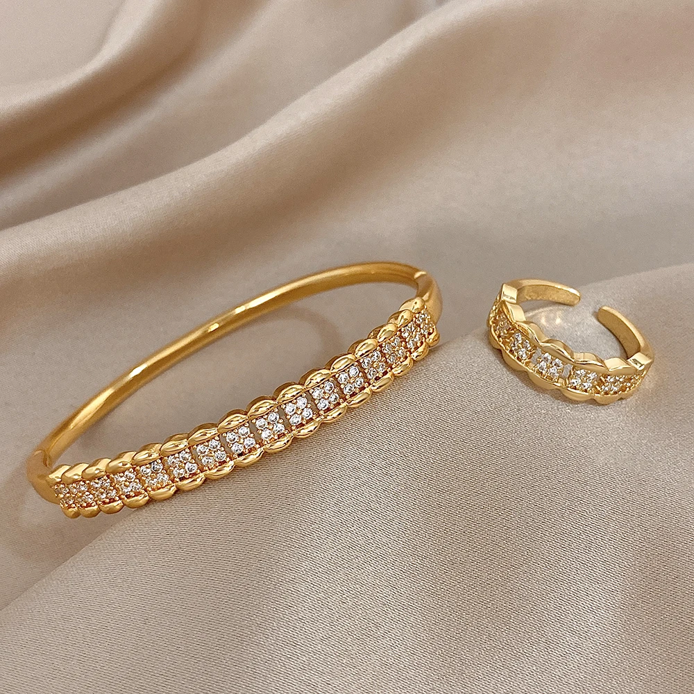 Greatera Colorfast Light Luxury Copper Plated Gold Zircon Bracelet Ring Combination Original Design High Quality Women's Jewelry
