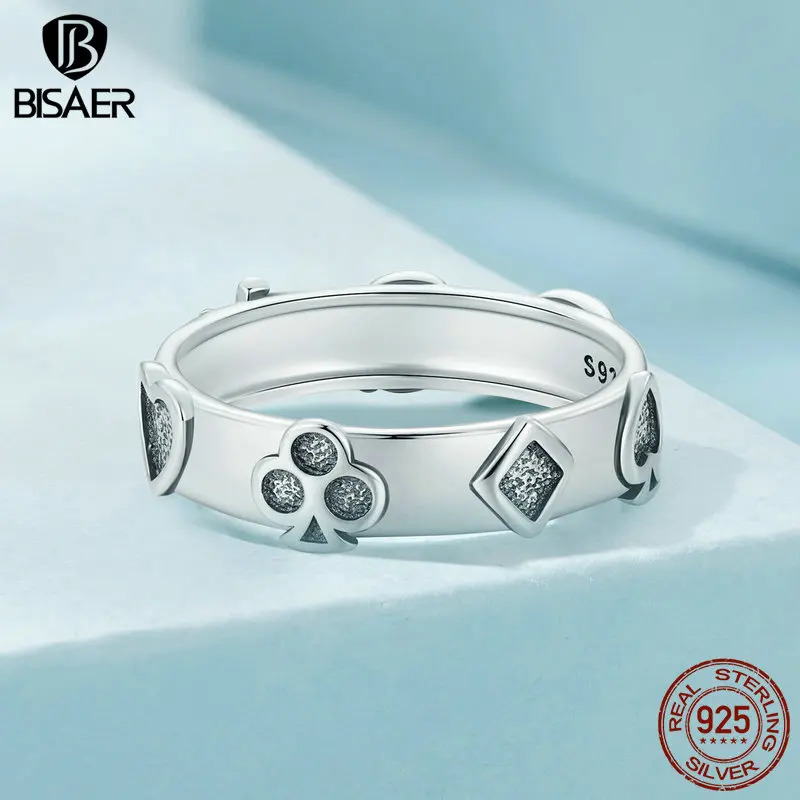 BISAER 100% 925 Sterling Silver Poker Symbolize Ring Vintage Spades Band for Hip-hop Punk Women Party Fine Jewelry ECR1036