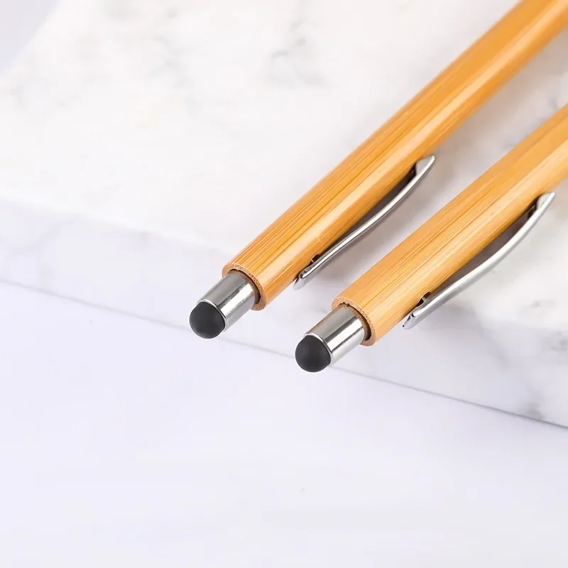 100 PCS/lot 2-in-1 Bamboo Ballpoint Pen with Touch Screen Stylus Pen and Writing Ball Pen Office Accessories Gift Pens