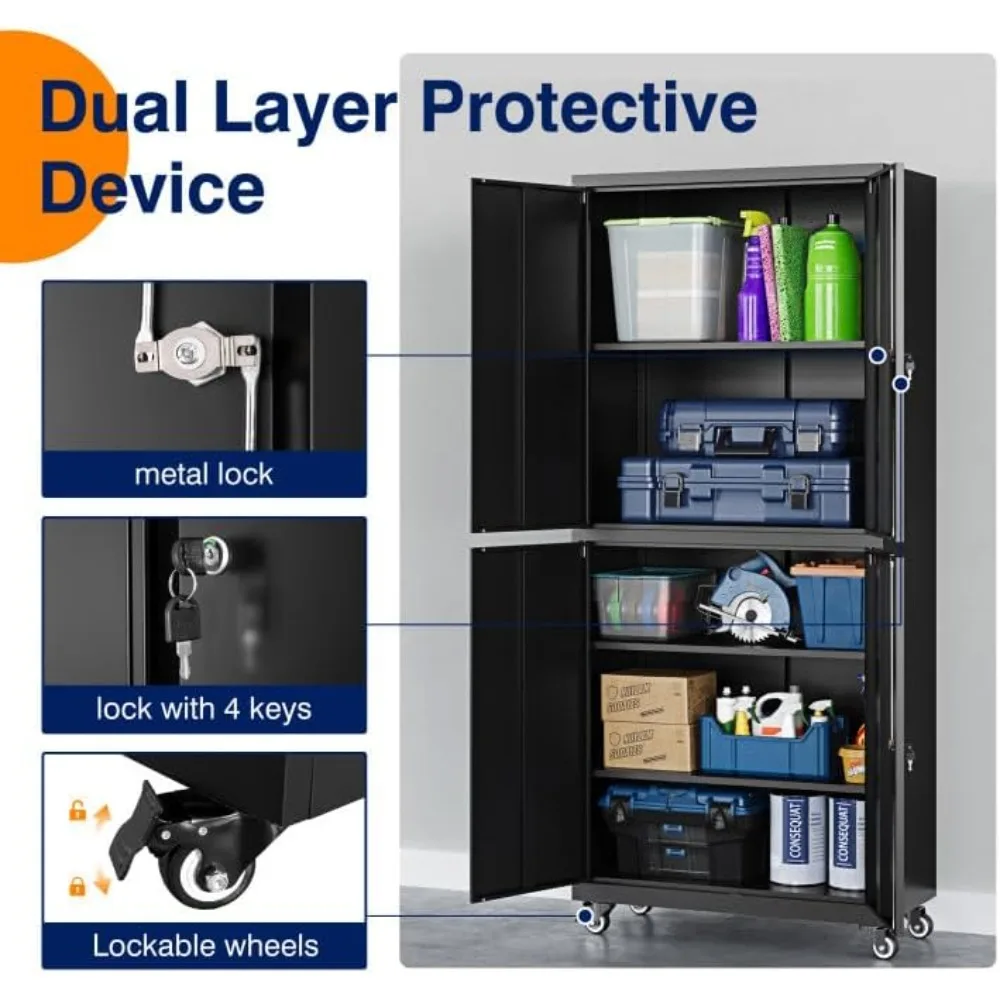 خزانة أدوات دوارة آمنة مع أرفف قابلة للتعديل وأبواب قفل، خزانة تخزين شديدة التحمل مع 4 عجلات، 73 ش