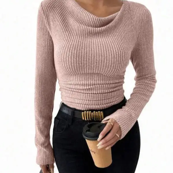 

New 2025 Women's Plain Drape round Ne Ribbed Long Sve T-irt Coolmax Fiber Ciwalk Inner Wear Thiened Nine Sve Po...