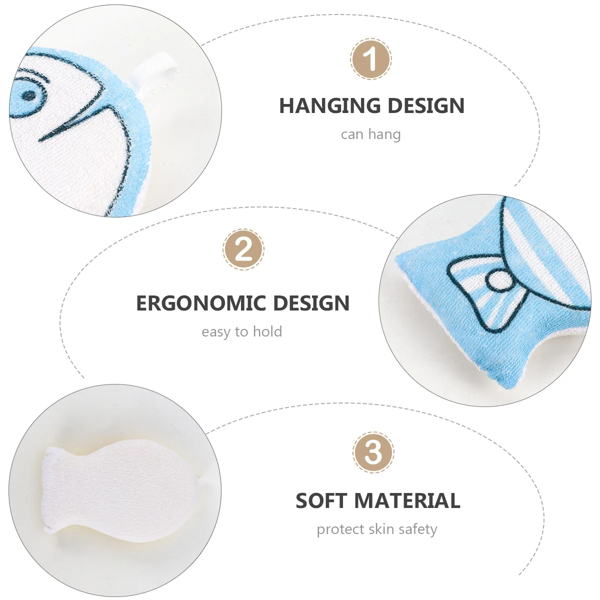 3Pcs Baby Bathing Sponge Soft Cotton Polyester Durable Cartoon Design Hanging Loop Bathing Towel Infant Bath Ball
