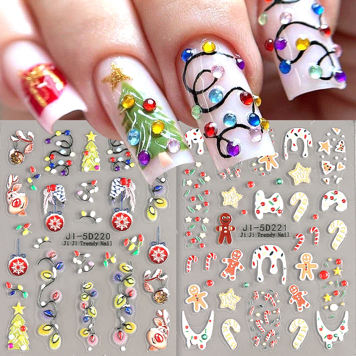 5D Embossed Christmas Nail Stickers, Colorful Fairy Light Gingerbread Man Elk Candy Cane Self-Adhesive Nail Art Decorations