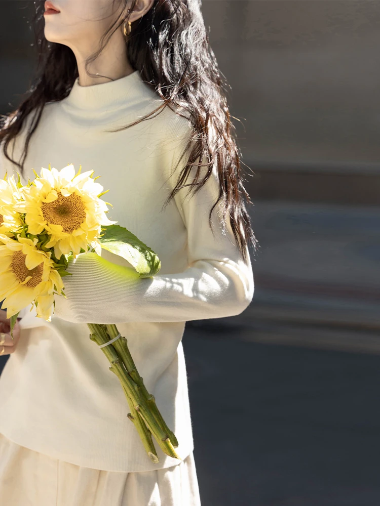 

Женская трикотажная основа Thiened Long Sve irt f с высоким воротником, цветная корейская версия, прямой крой