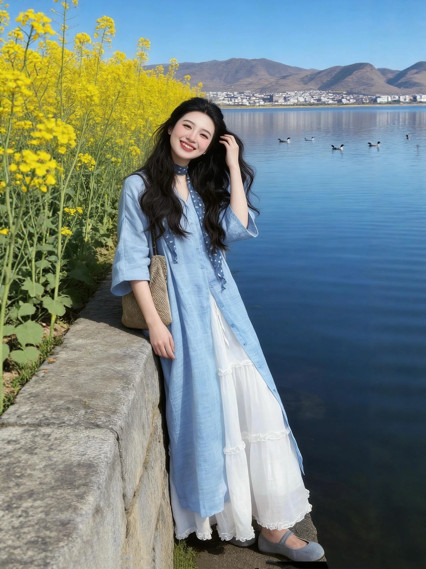 Blue Shirt Skirt Set Women's Loose Fit Summer Fashion Ensemble Lazy Style High Waist V-Neck Long Sleeve Button up Casual Wear