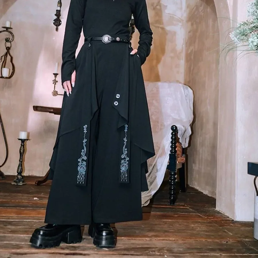 Vintage Layered Chinese Style Two-Piece Illusion Wide-Leg Skort Loose-Fit Trousers Casual Pants For Women Fashion 2025