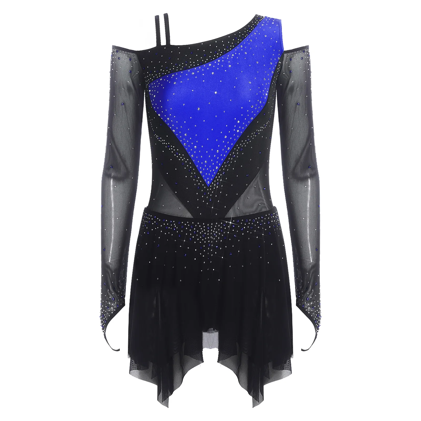 Damski strój gimnastyczny z dżetami, asymetryczny dekolt, długi rękaw, warstwowa siateczka, body do gimnastyki, kombinezon do łyżwiarstwa figurowego