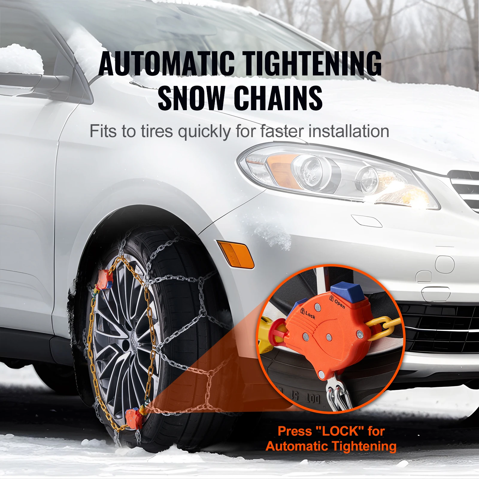 SucceBuy Auto Tightening Snow Chains Anti-slip Manganese Alloy Steel Emergency Tire Chains for Cars Pickups SUVs Trucks, 2 PCS