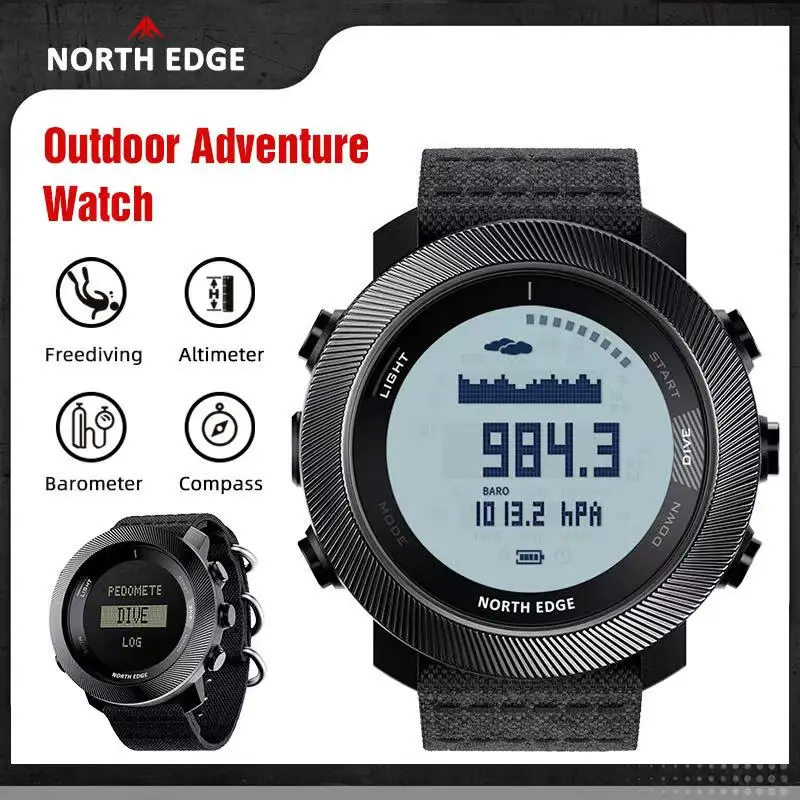 NORTH EDGE Digital Electronic Watch Men 100M Waterproof Carbon Fiber Case Nylon Strap Outdoor Sports Wristwatch Barometer Displa