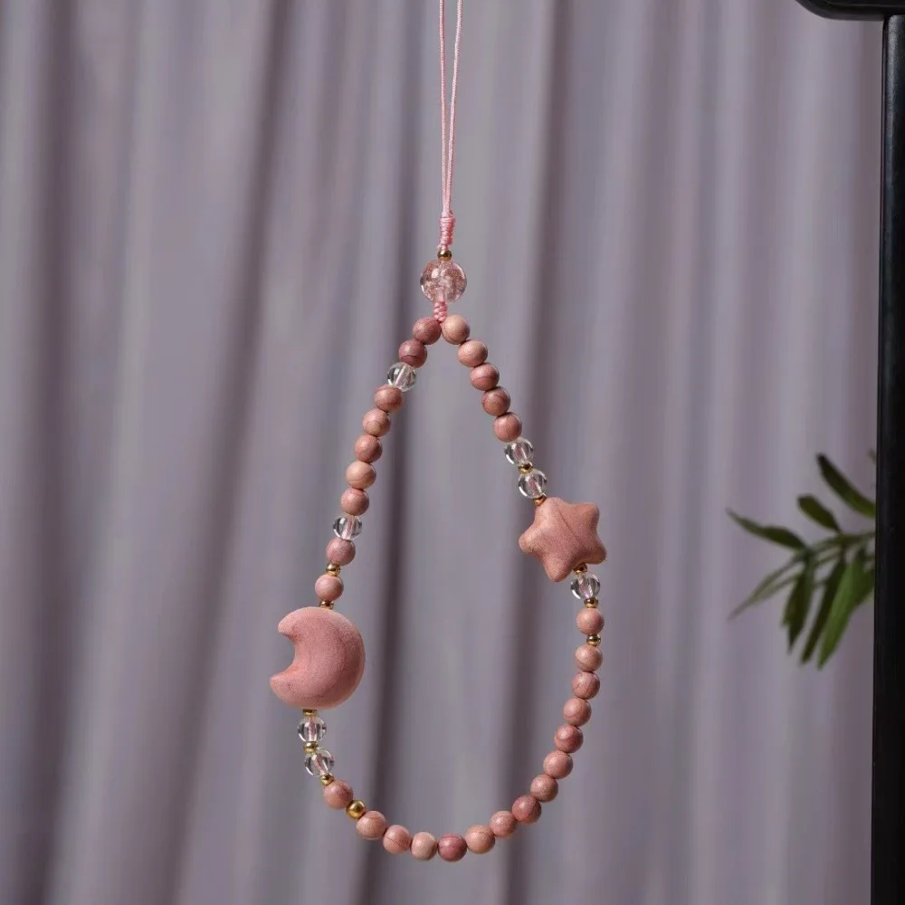 Phone Chain Anti‑Lost Lanyard DIY Pendant Bag Charm Beaded White Crystal Hanging Ornament Star Moon Good Fortune Decor Gift