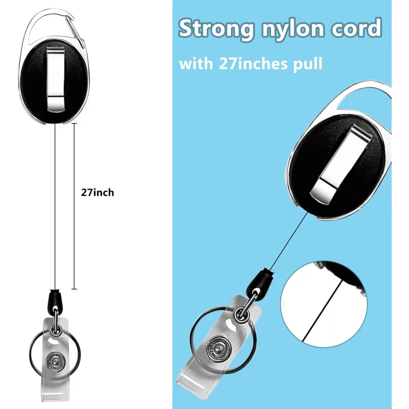 20 Pack Retractable Badge Holder with Carabiner Reel Clip, Badge Reel Bulk ID Card Key Holder with Ring, Heavy Duty Black Key