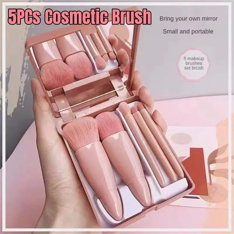 5 PCs Cosmetic Brush Portable Makeup Brush Travel With Mirror Box Makeup Set Brush Loose Brush Blush Brush Eyeshadow Brush