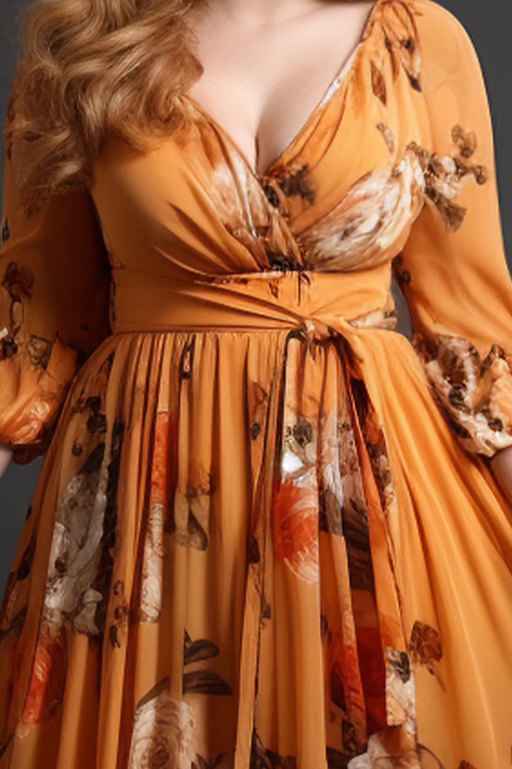 Flycurvy Plus Size Wedding Guest Orange Chiffon Floral Print Wrap Lantern Sleeve Lace-Up Maxi Dress