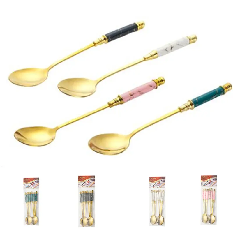 6Pcs/Lot Stainless Steel Dessert Icecream Spoon Nordic Marble Ceramic Long Handle Teaspoon Gold Coffee Cake Milk Spoon Tableware