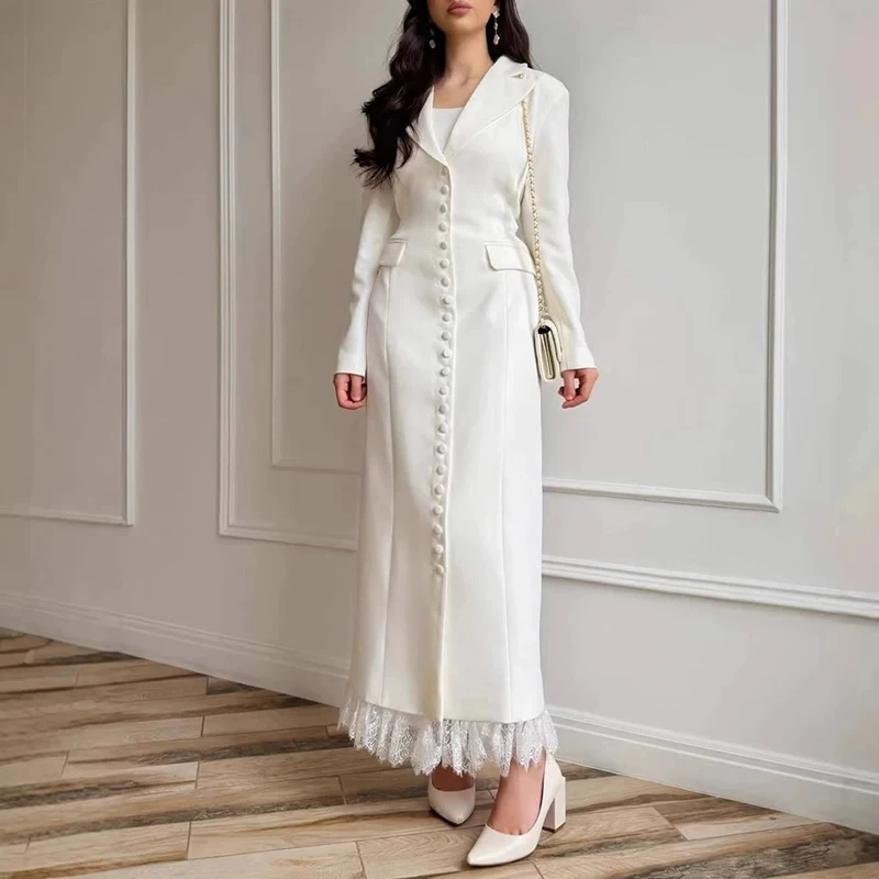 

Lady Single Breasted Simple Maxi Dresses Temperament V-neck Lace Hem Commute Dress Elegant Solid Color Long Sleeve Evening Dress