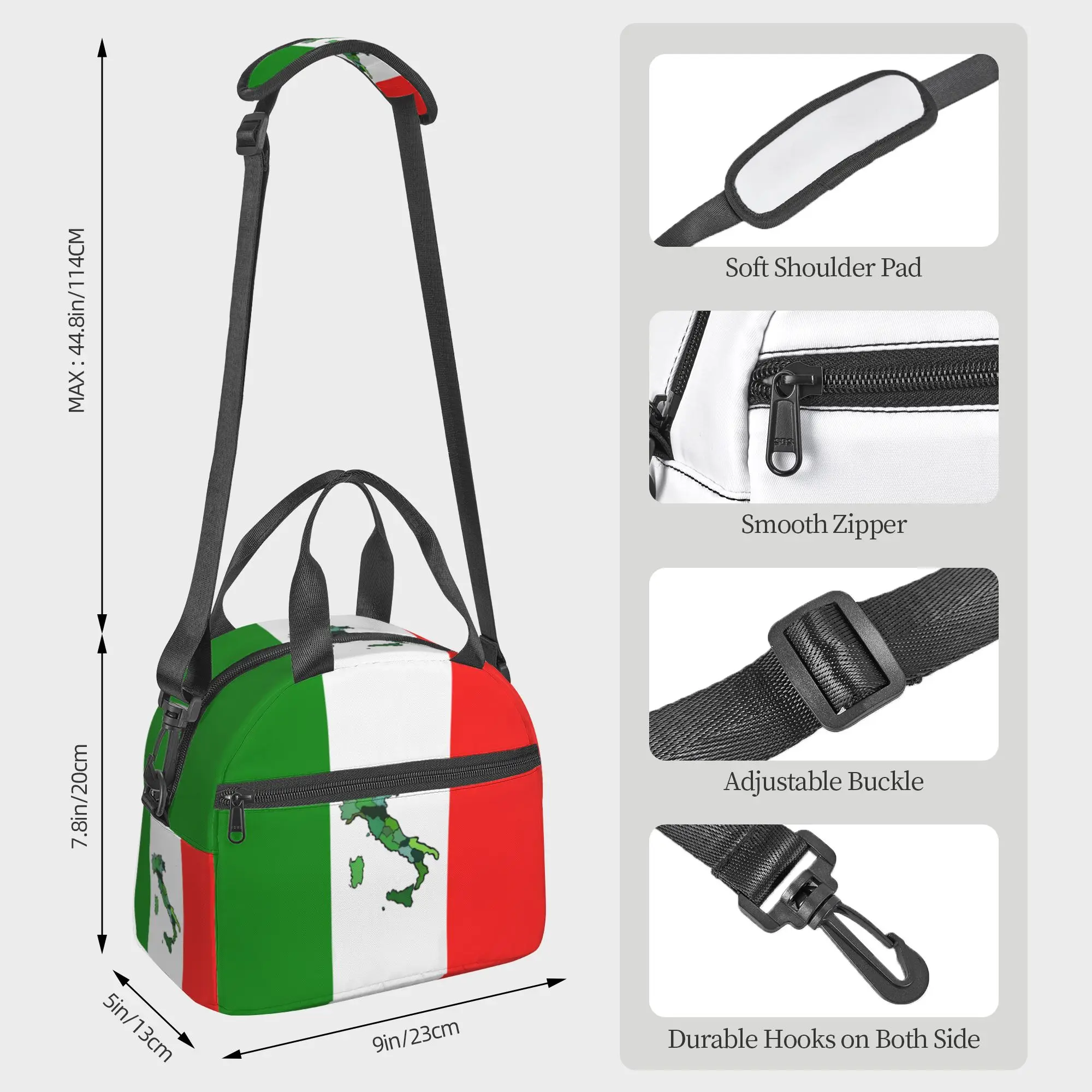 Italia Flag Pattern Insulated Lunch Bag Reusable Portable Bento Tote with Adjustable Strap Thermal Lunch Box for Picnic Beach