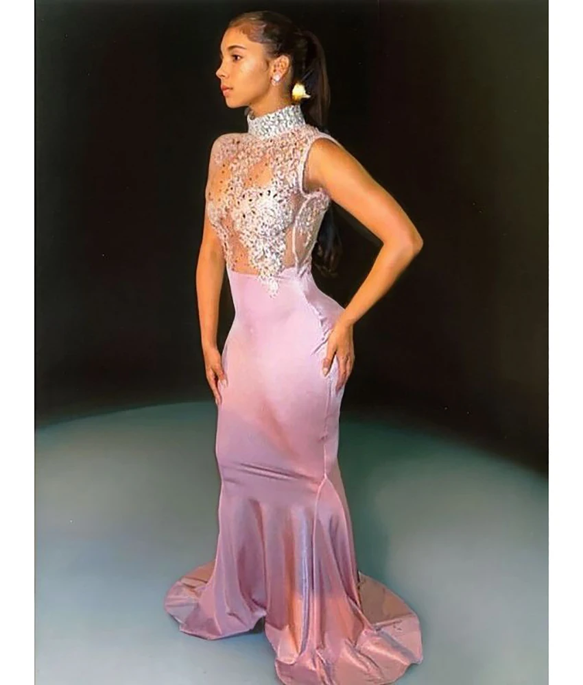 

Customized Luxury Satin Mermaid Crystal Appliques Evening Dress Exquisite High Collar Sleeveless Floor Length Party Gowns