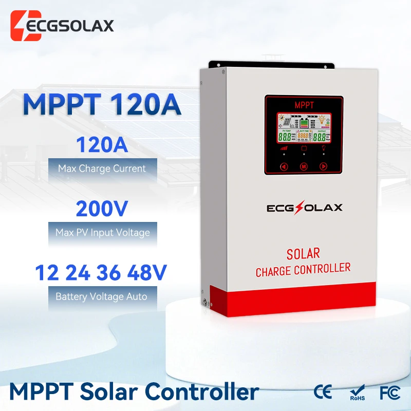ECGSOLAX MPPT 120A Solar Charge Controller Auto Adapt 12V-48V Max 200V PV Input Integrated Cooling Fan For Lithium Battery